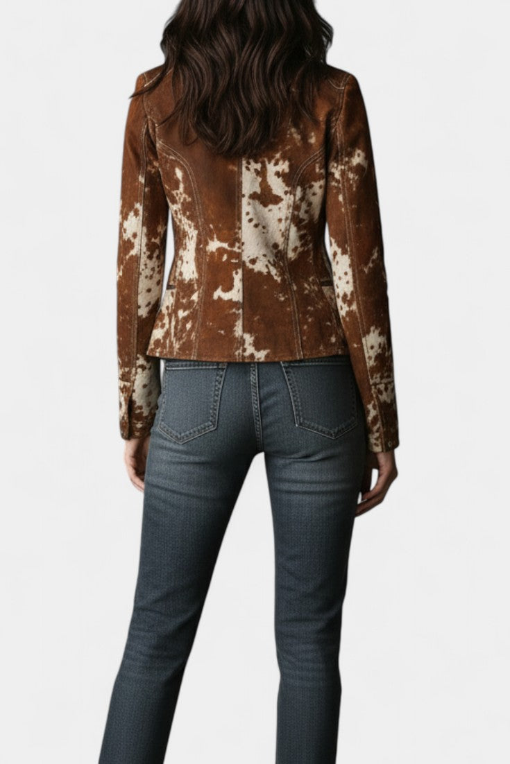 Ophira Cow Print Suede Slim Jacket with Vintage High Collar