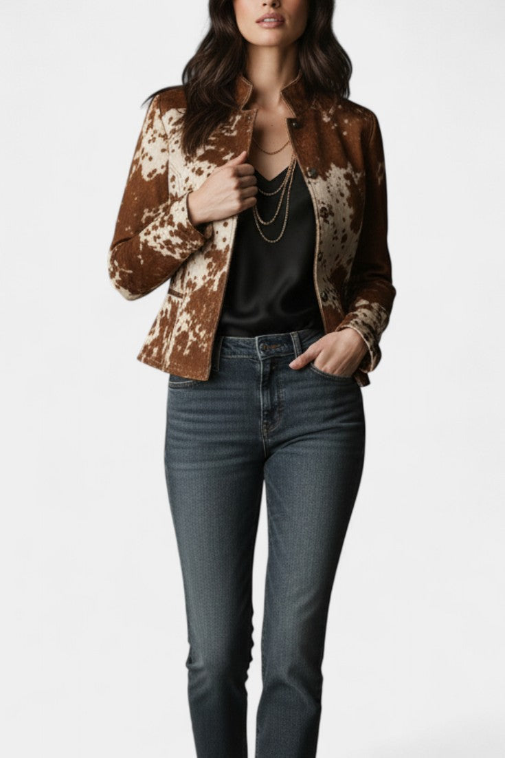 Ophira Cow Print Suede Slim Jacket with Vintage High Collar