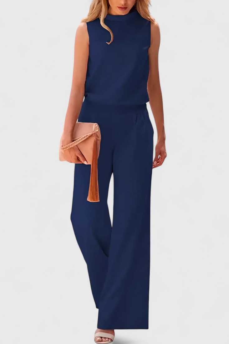 Winnie Wide-Leg Fluid Jumpsuit with Round Neck