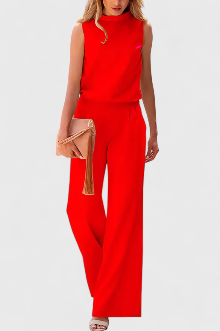 Winnie Wide-Leg Fluid Jumpsuit with Round Neck