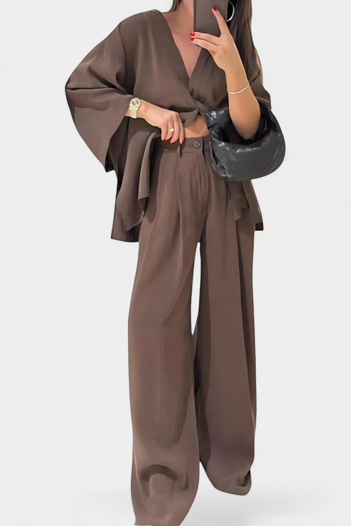 Eli V-Neck Top with Straight-Leg Pants Set