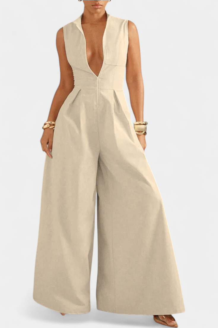 Blanca Pleated Wide Leg Jumpsuit with Round Neck