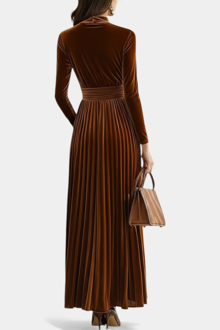 Doryane High-Collar Velvet Maxi Dress with Long Sleeves
