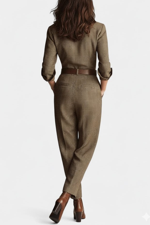 Cali Brown Checkered Tweed Jumpsuit with Adjustable Belt