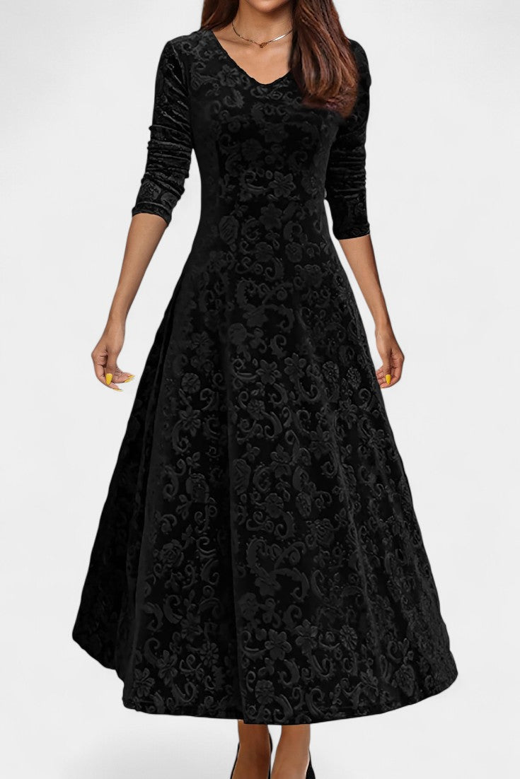 Alexane Floral Print V-Neck Long Velvet Dress