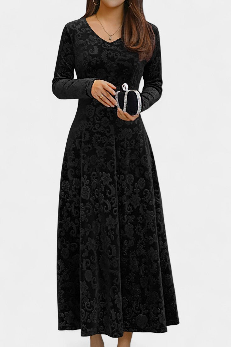 Alexane Floral Print V-Neck Long Velvet Dress