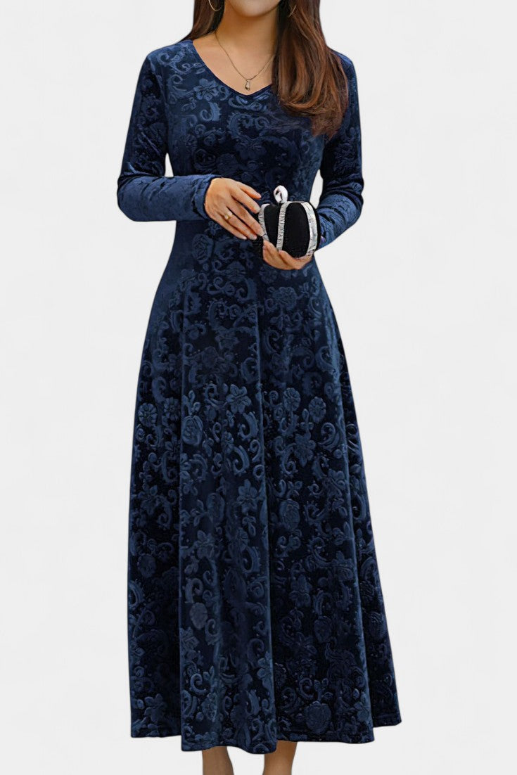 Alexane Floral Print V-Neck Long Velvet Dress