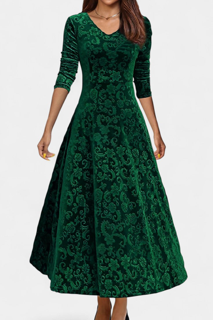 Alexane Floral Print V-Neck Long Velvet Dress