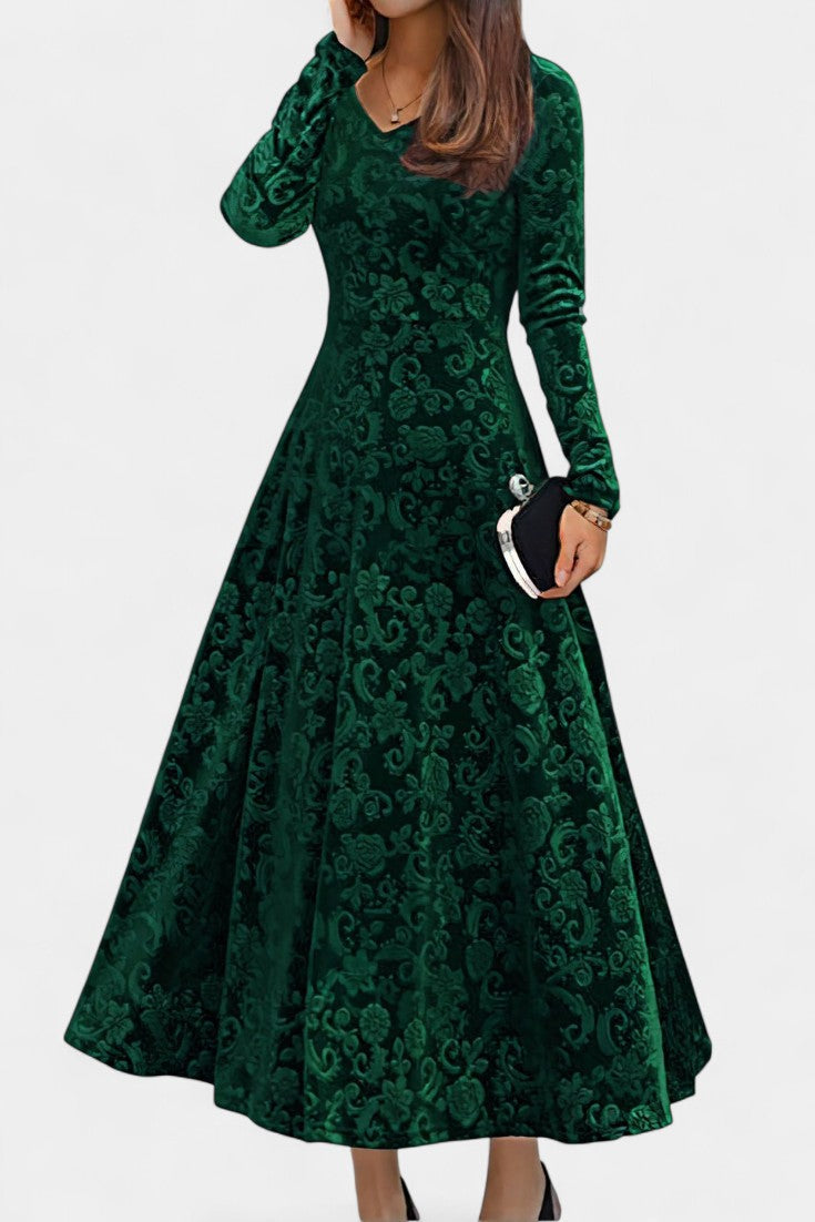 Alexane Floral Print V-Neck Long Velvet Dress