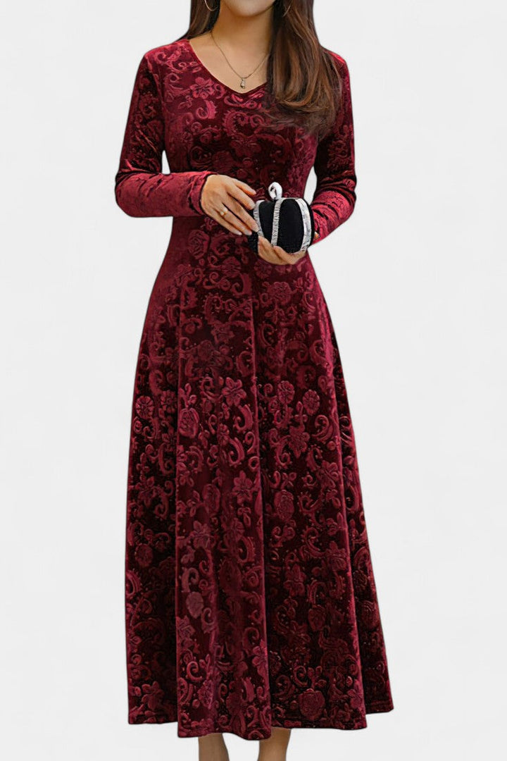 Alexane Floral Print V-Neck Long Velvet Dress