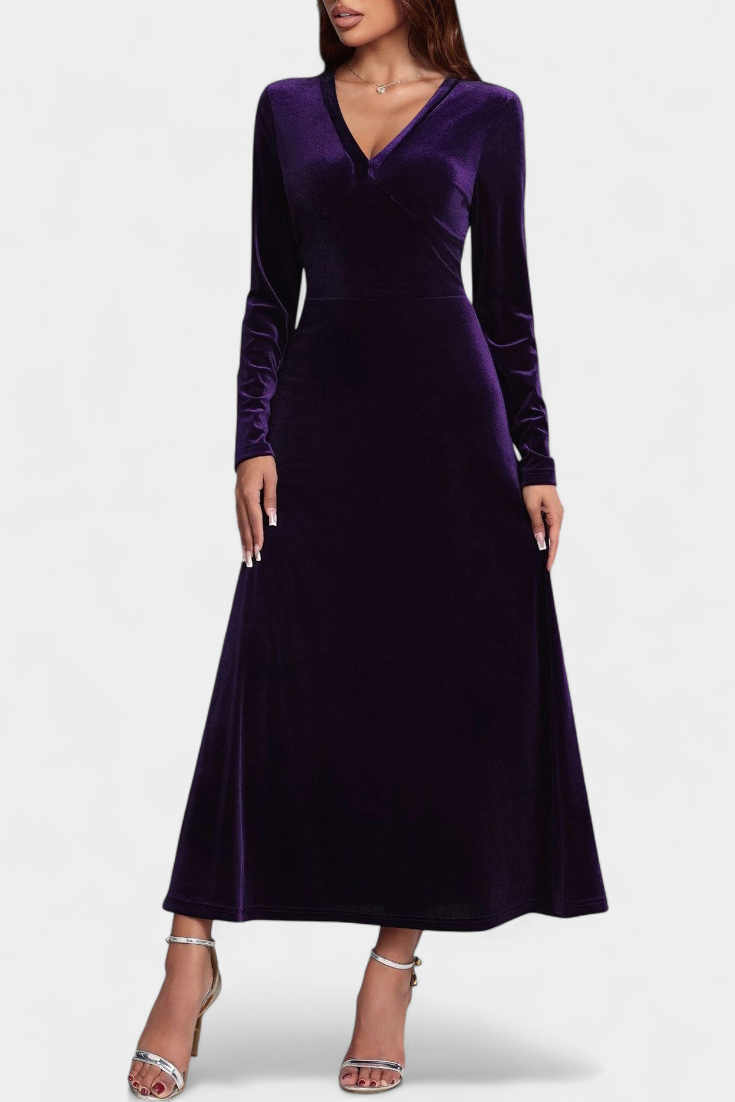 Alizée V-Neck Long Velvet Dress with Flared Silhouette