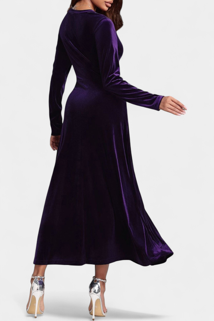 Alizée V-Neck Long Velvet Dress with Flared Silhouette