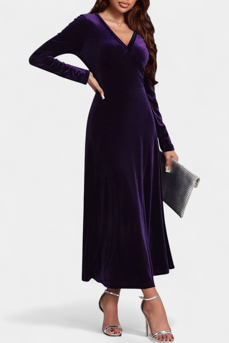Alizée V-Neck Long Velvet Dress with Flared Silhouette