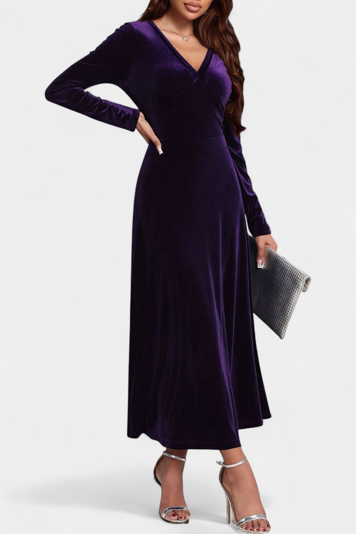 Alizée V-Neck Long Velvet Dress with Flared Silhouette