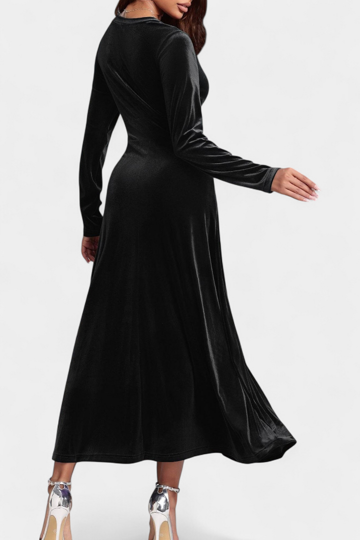 Alizée V-Neck Long Velvet Dress with Flared Silhouette