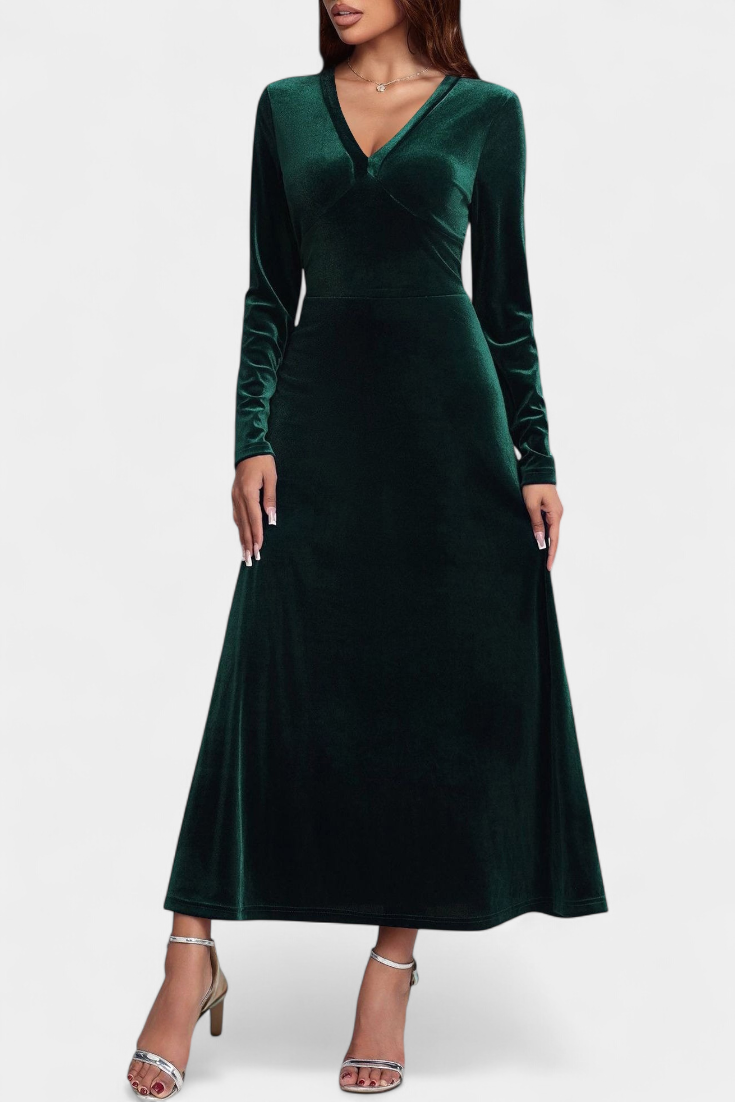 Alizée V-Neck Long Velvet Dress with Flared Silhouette