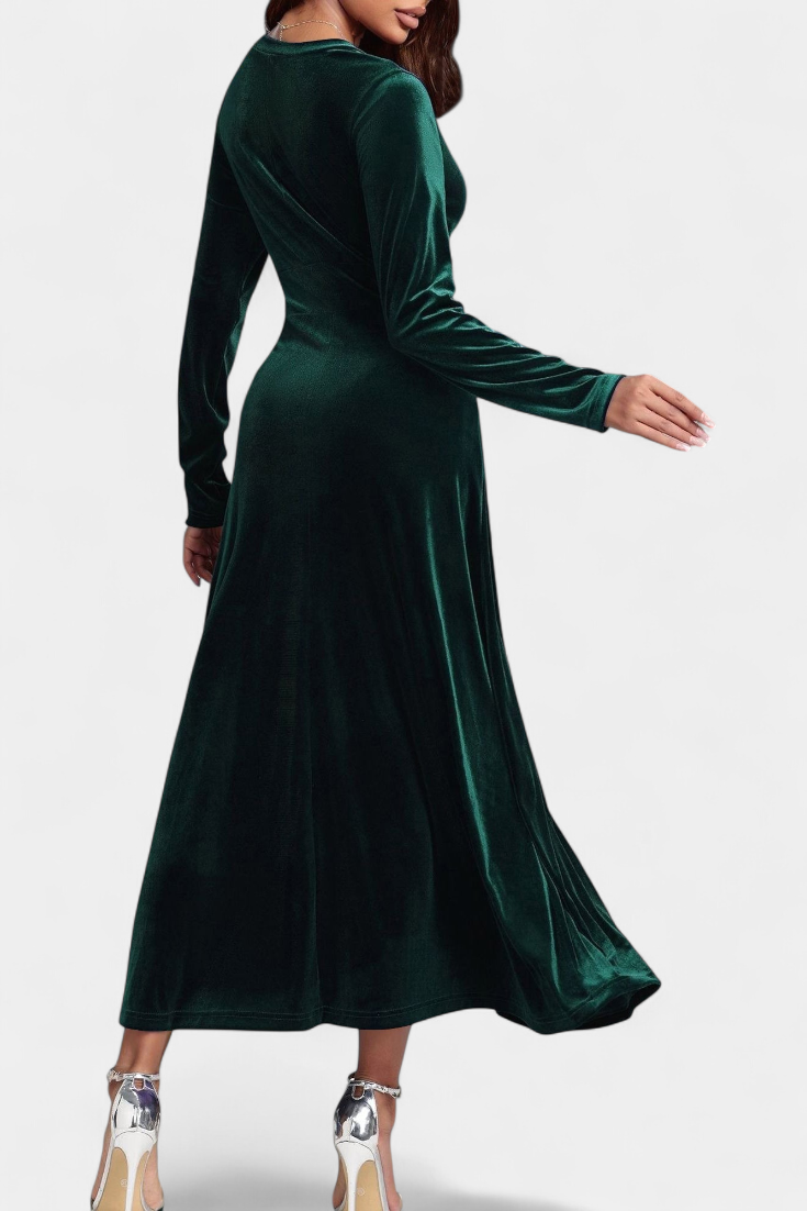Alizée V-Neck Long Velvet Dress with Flared Silhouette