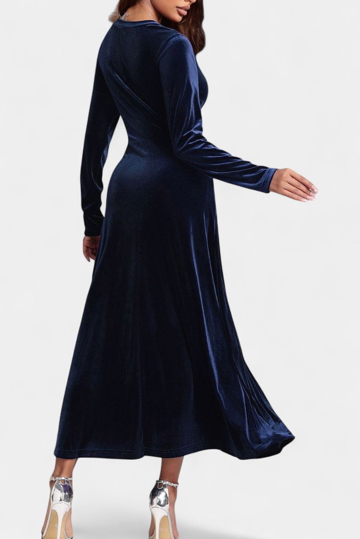 Alizée V-Neck Long Velvet Dress with Flared Silhouette