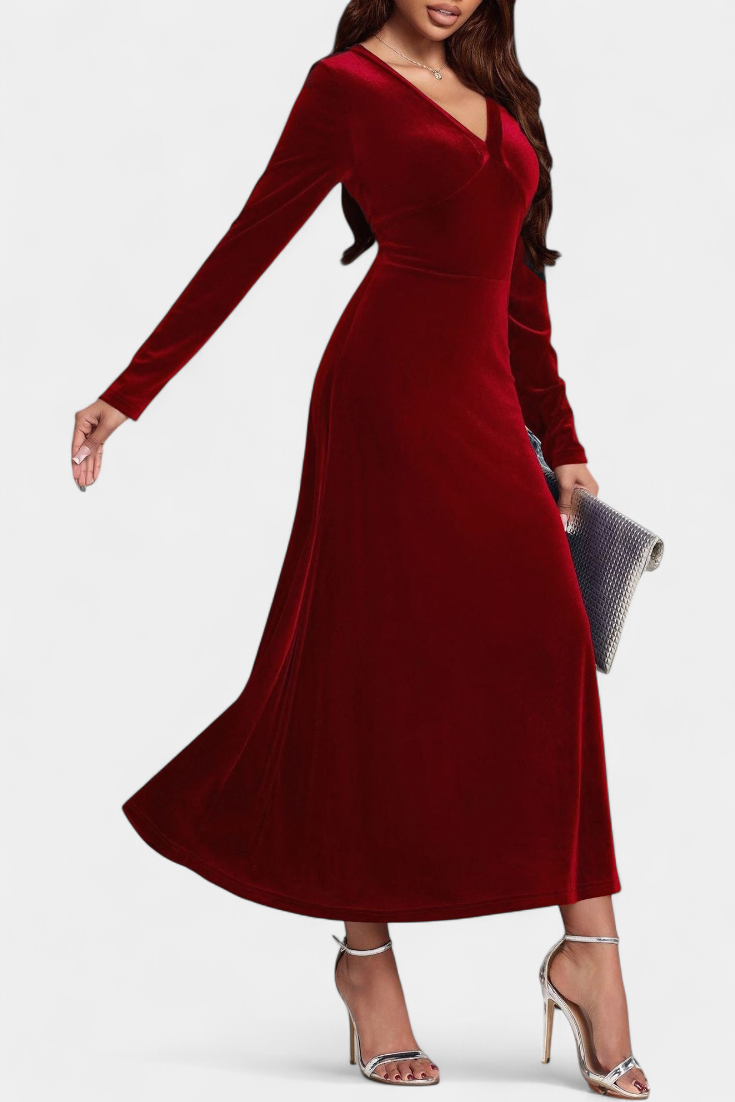 Alizée V-Neck Long Velvet Dress with Flared Silhouette