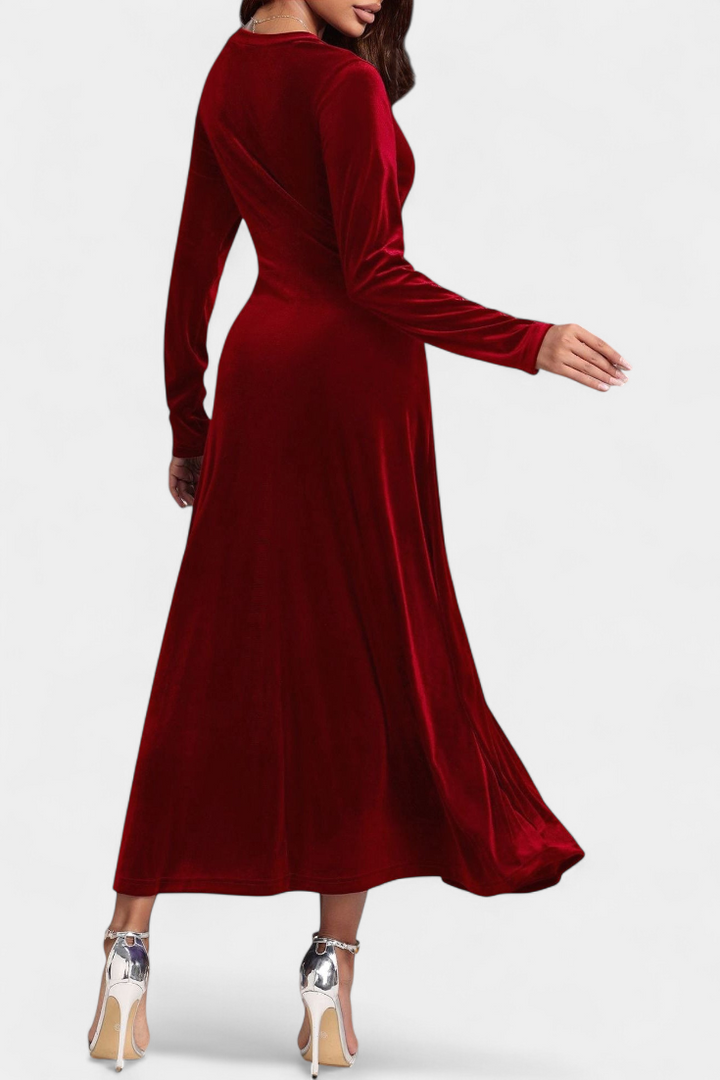 Alizée V-Neck Long Velvet Dress with Flared Silhouette