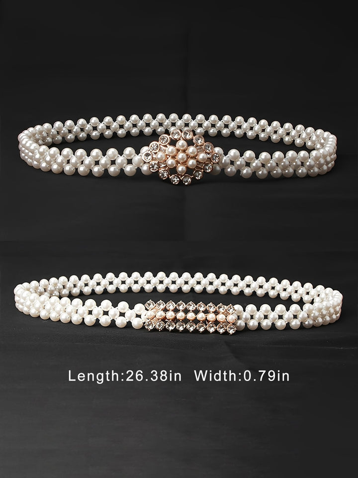 Set of 2 Women's Imitation Pearl and Rhinestone Chain Belts
