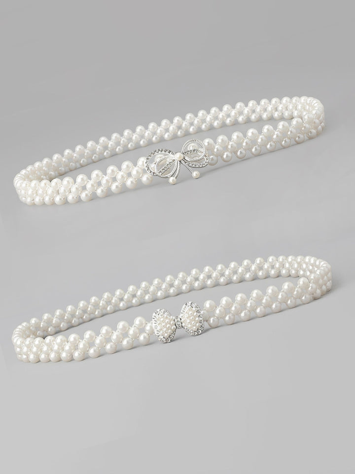 Set of 2 Women's Imitation Pearl and Rhinestone Chain Belts
