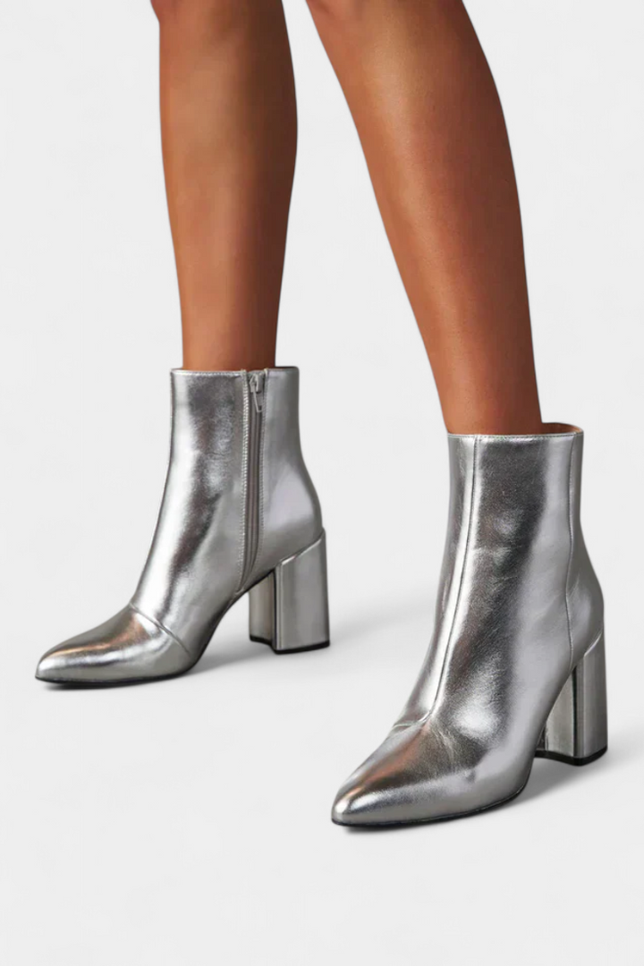 Ralica Silver Metallic Pointed Toe Ankle Boots with Block Heel