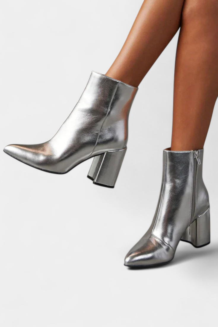 Ralica Silver Metallic Pointed Toe Ankle Boots with Block Heel