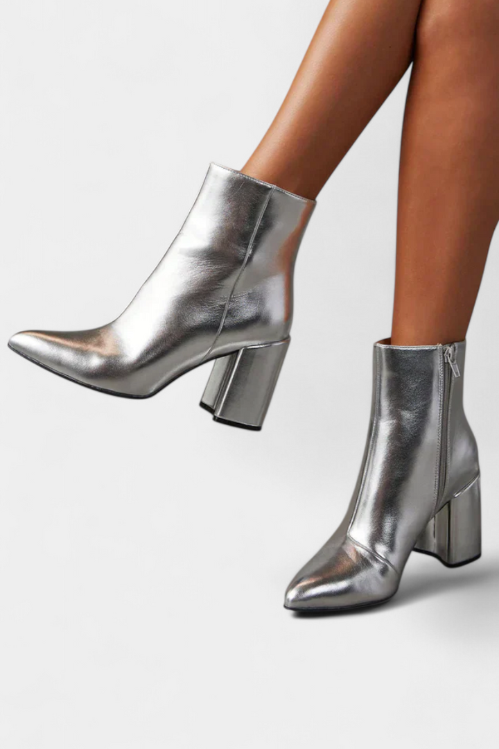 Ralica Silver Metallic Pointed Toe Ankle Boots with Block Heel