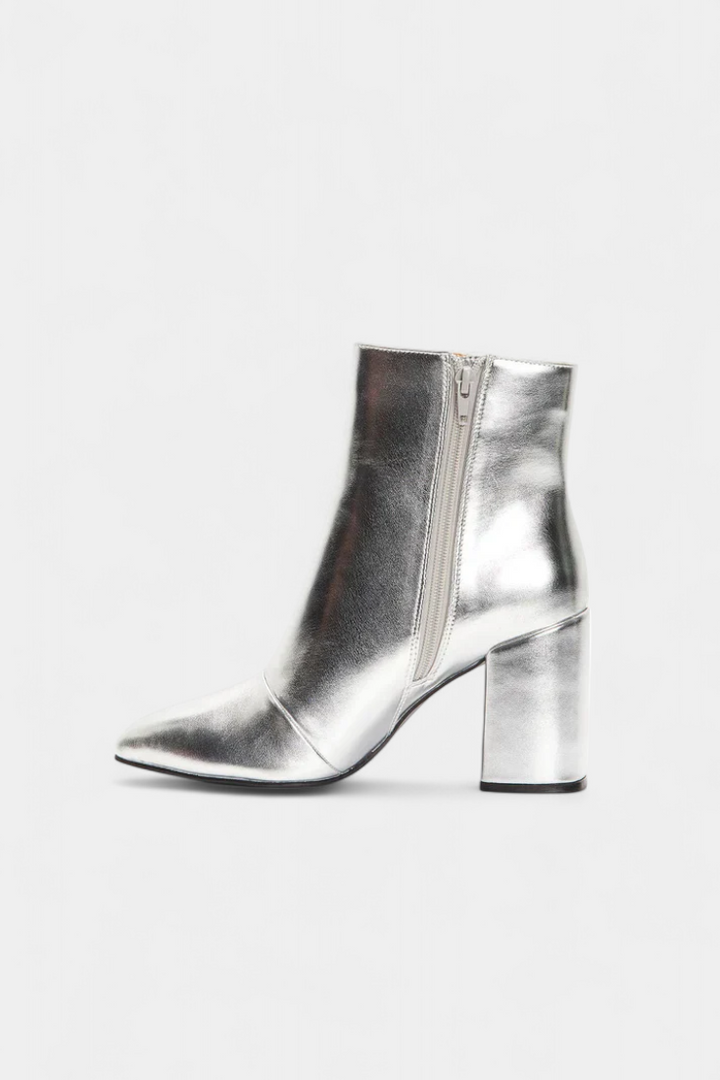 Ralica Silver Metallic Pointed Toe Ankle Boots with Block Heel