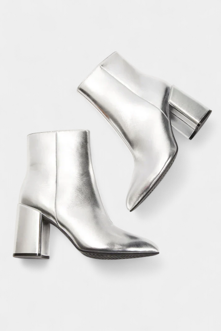 Ralica Silver Metallic Pointed Toe Ankle Boots with Block Heel